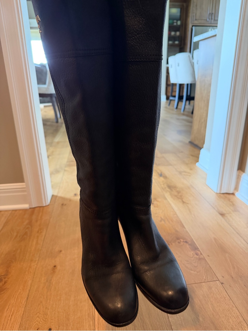 Prada Black Leather Knee-High Block Heel Boots with Gold Logo - Picture 4 of 11